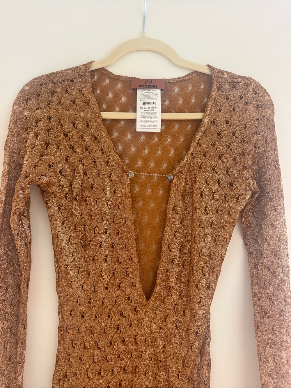 Missoni Brown Openwork V-Neck Long-Sleeve Knit Metallic Dress